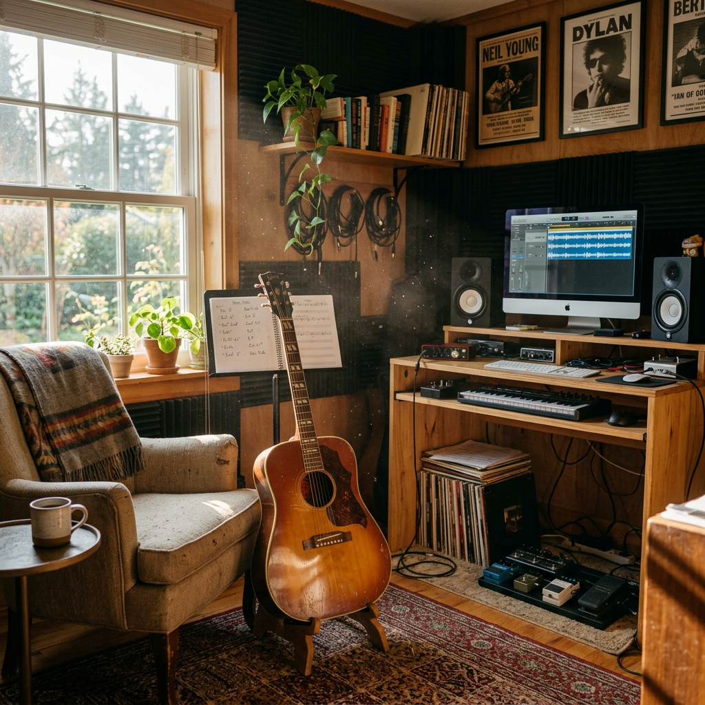 Acoustic guitar next to armchair in a cozy home music studio with computer and speakers
